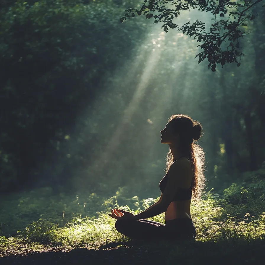 vrouw die mediteert in het bos